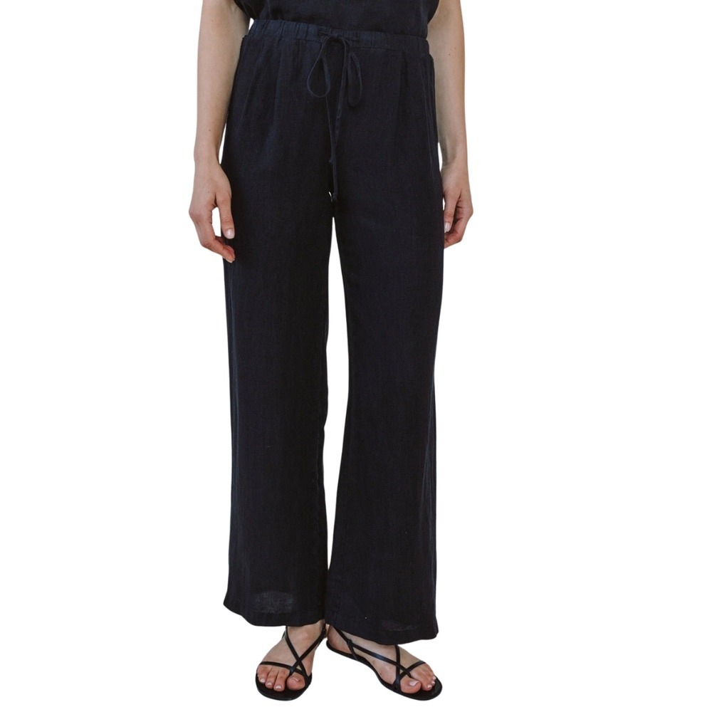Bella Dahl Black 100% Linen Wide Leg Drawstring Pants‎ Side Slit size XS